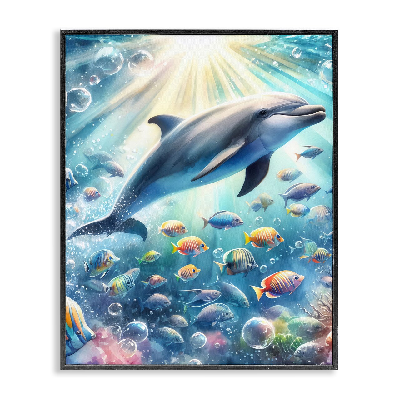 Stupell Industries Dolphin Among Sea Life Framed Giclee Wall Art Design by LSR Design Studio